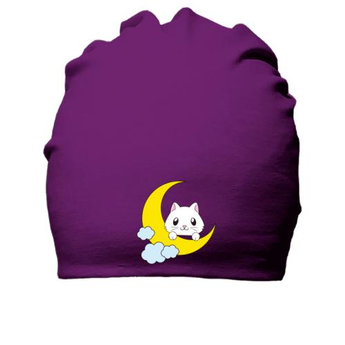 Хлопковая шапка с котенком на луне