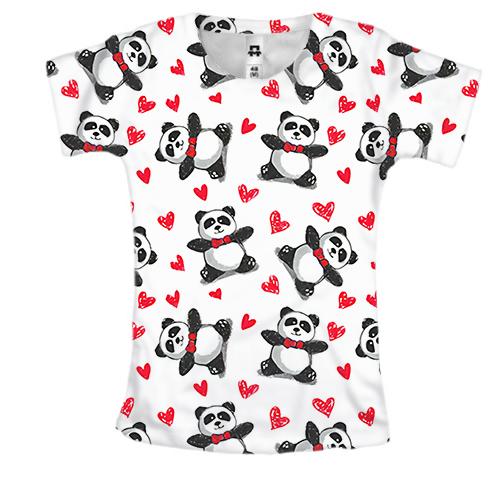 Женская 3D футболка Панда и сердца