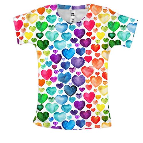 Женская 3D футболка Сердца радуга 4