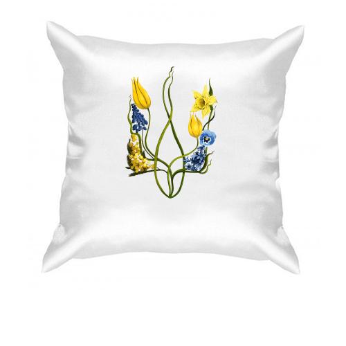 Подушка з гербом України із акварельних квітів