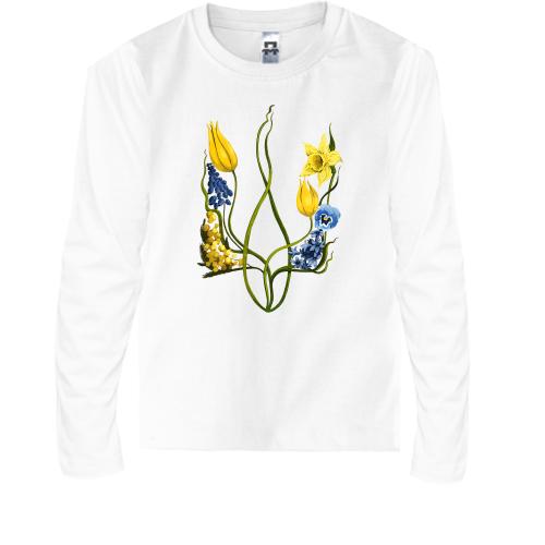 Дитяча футболка з довгим рукавом з гербом України із акварельних квітів