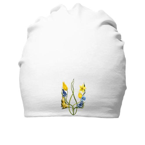 Хлопковая шапка с гербом Украины из акварельных цветов
