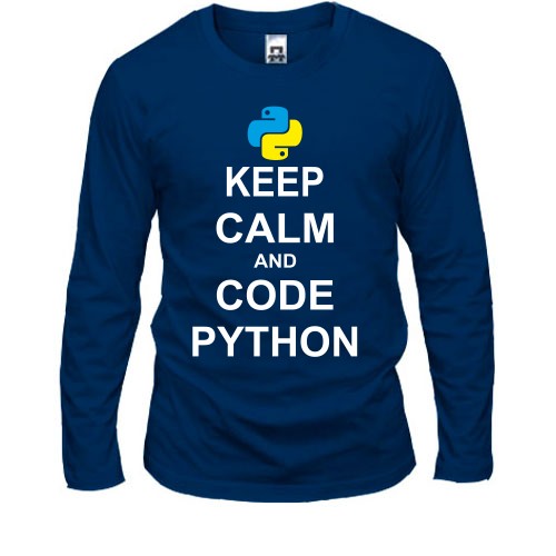Мужской лонгслив с надписью «Keep calm and code python» и эмблемой языка программирования Python