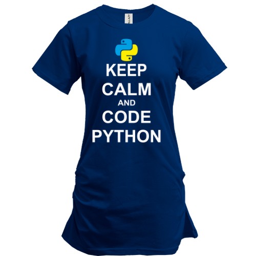Удлиненная футболка с надписью «Keep calm and code python» и эмблемой языка программирования Python