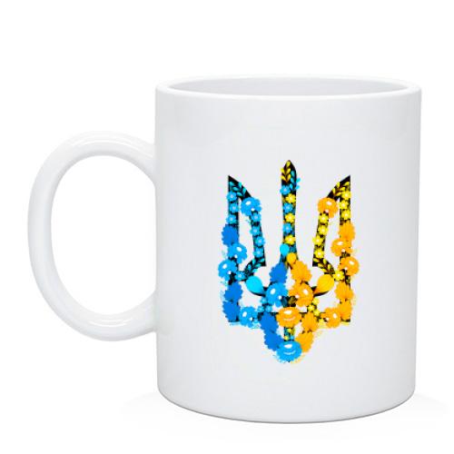 Чашка з гербом України з жовто-синіх квітів