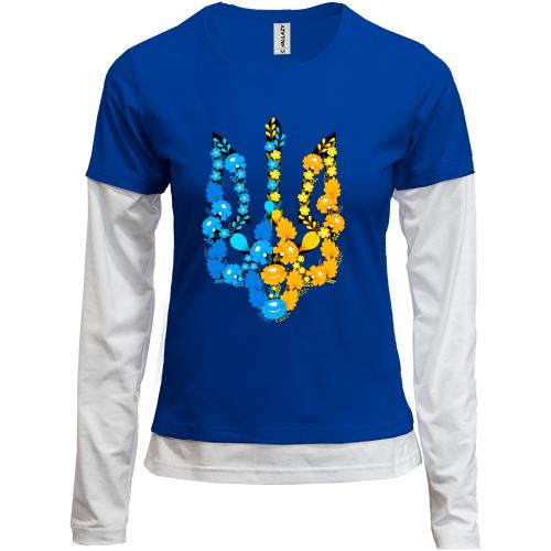 Комбинированный лонгслив с гербом Украины из желто-синих цветов