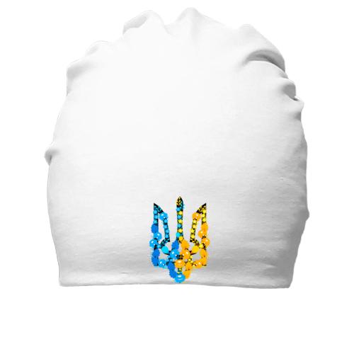 Бавовняна шапка з гербом України з жовто-синіх квітів