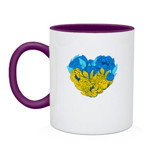 Чашка Серце із жовто-синіх квітів