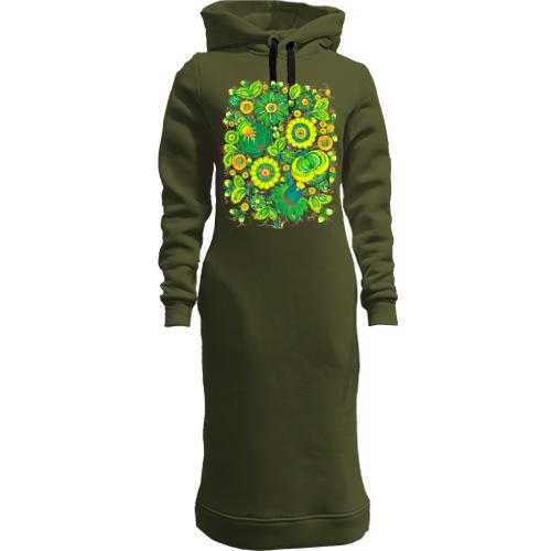 Женская толстовка-платье с зелеными цветами (писанка)