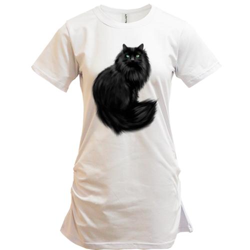 Подовжена футболка з чорним котом