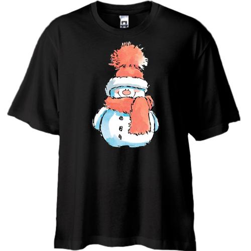 Футболка Oversize со снеговиком в оранжевом шарфе