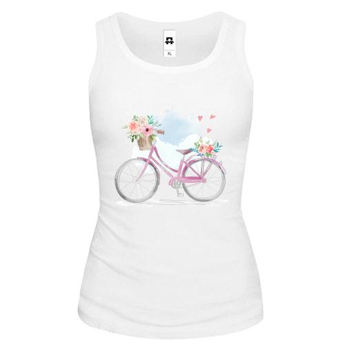 Майка з рожевим велосипедом та квітами