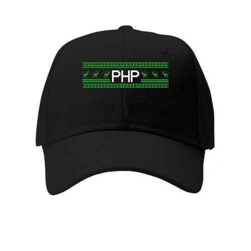 Дитяча Кепка із піксельним орнаментом, написом «PHP» та зеленими оленями в стилі новорічного светра