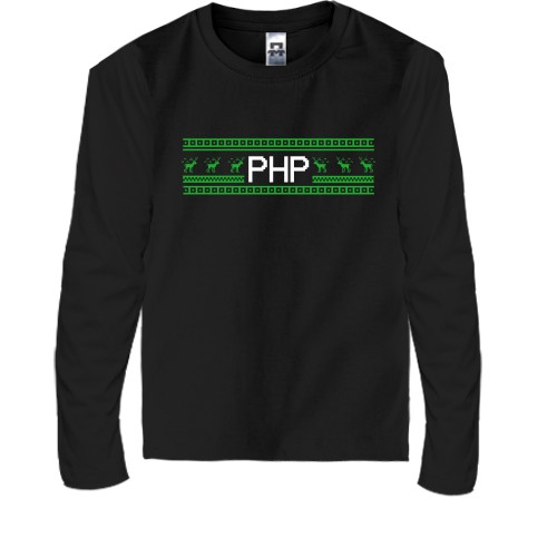 Детский лонгслив с пиксельным орнаментом, надписью «PHP» и зелеными оленями в стиле новогоднего свитера