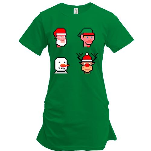 Подовжена футболка з піксельними новорічними персонажами