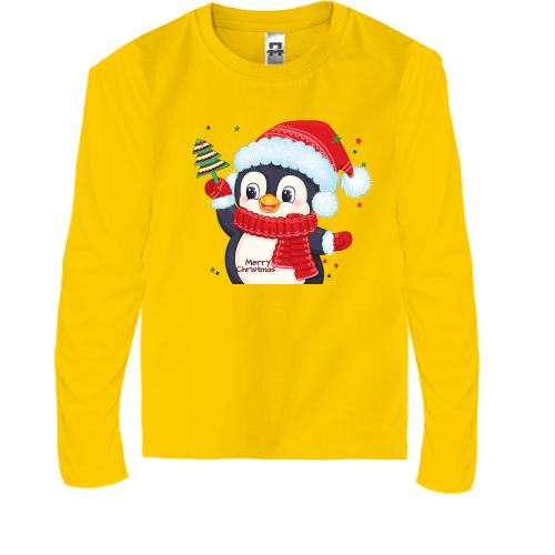 Детская футболка с длинным рукавом с пингвинёнком и ёлочкой