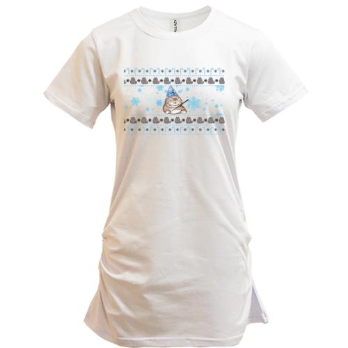 Подовжена футболка з котом та сніжинками