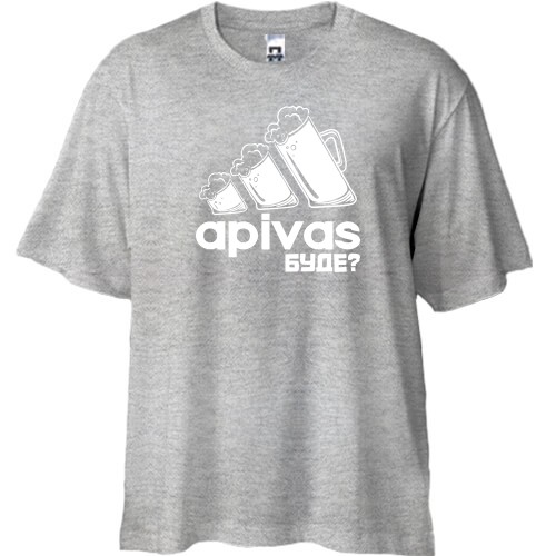 Футболка oversize із трьома пивними келихами у вигляді логотипу Adidas та голографічним написом «apivas буде?»