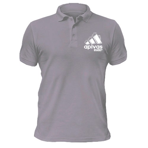 Мужская футболка-поло с тремя пивными бокалами в виде логотипа Adidas и голографической надписью «apivas буде?»