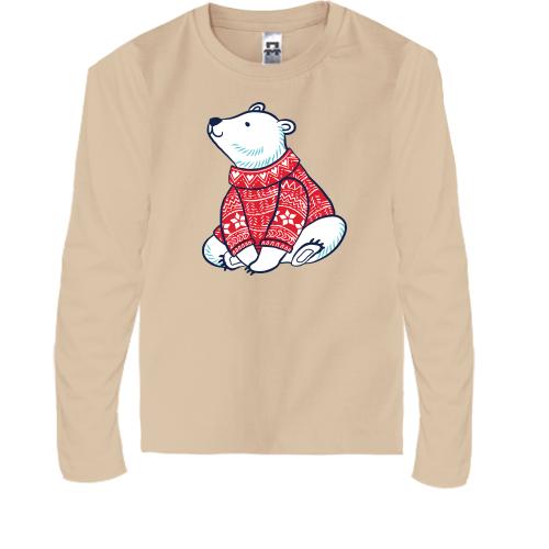 Детская футболка с длинным рукавом с белым мишкой в свитере