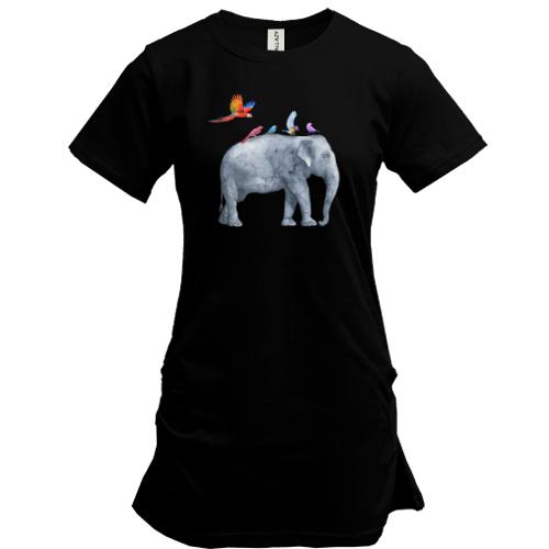 Подовжена футболка зі слоном та папугами