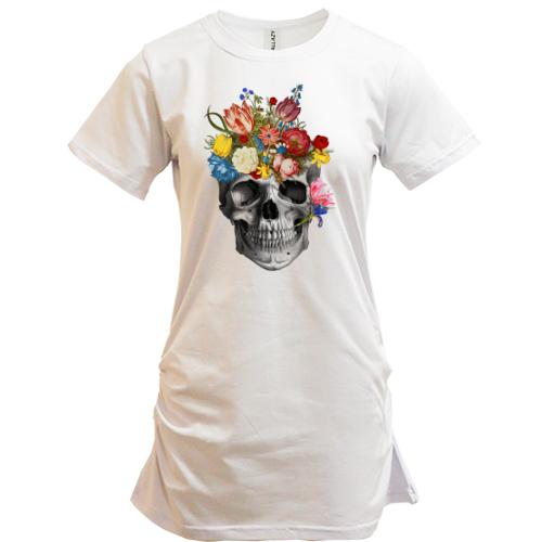 Подовжена футболка з черепом та квітами