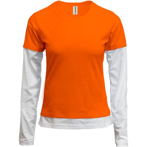 Женская оранжева комбинированная футболка с длинными рукавами 