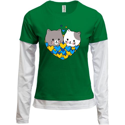 Комбинированный лонгслив с влюблёнными котиками (жовто-блакитн)