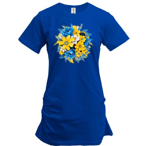 Подовжена футболка з жовто-синім букетом квітів (2)