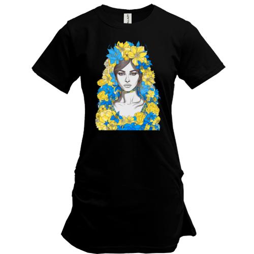 Подовжена футболка Дівчина у жовто-синіх квітах (2)