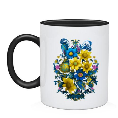 Чашка із жовто-синім квітковим артом