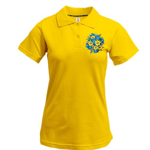 Жіноча футболка-поло з жовто-синім букетом квітів (АРТ)