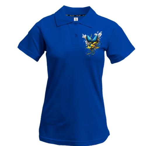 Жіноча футболка-поло Птах на жовто-синьому букеті (арт)
