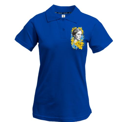 Жіноча футболка-поло Дівчина у жовто-синіх квітах