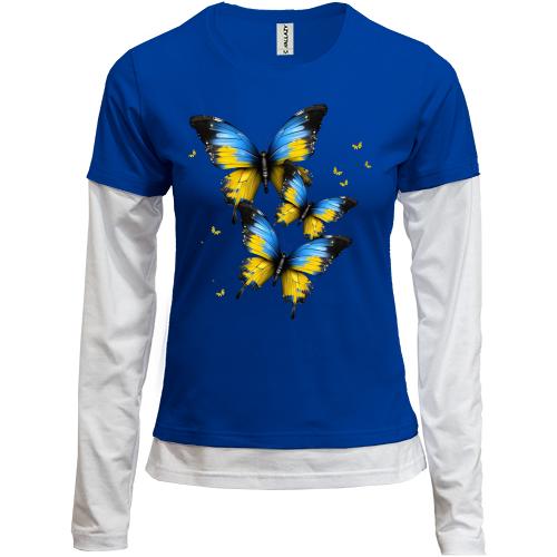 Комбинированный лонгслив с желто-синими бабочками