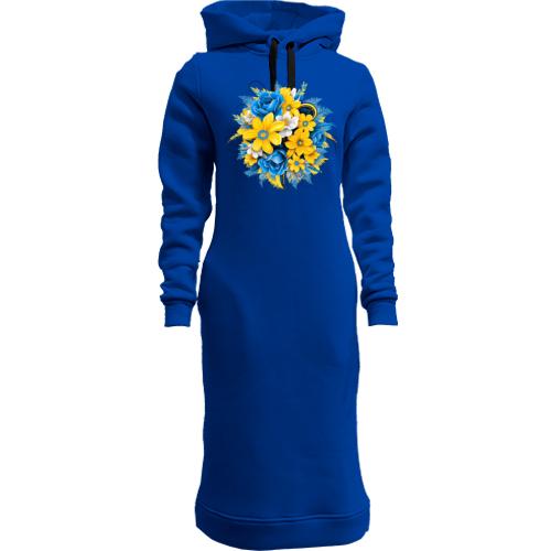 Женская толстовка-платье с желто-синим букетом цветов (2)