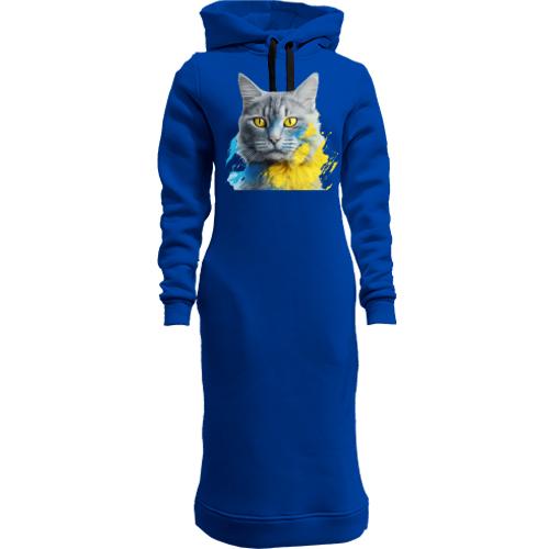 Женская толстовка-платье Кот с желто-синими красками