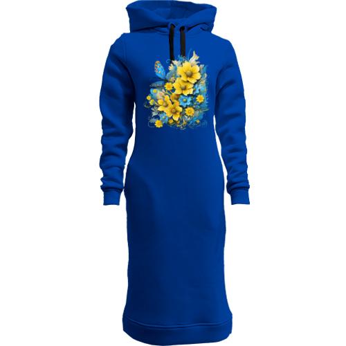 Жіноча толстовка-плаття Жовто-синій квітковий арт з метеликом