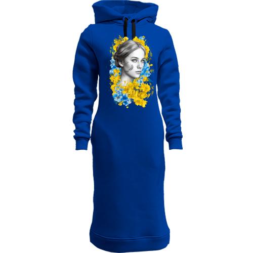 Жіноча толстовка-плаття Дівчина у жовто-синіх квітах