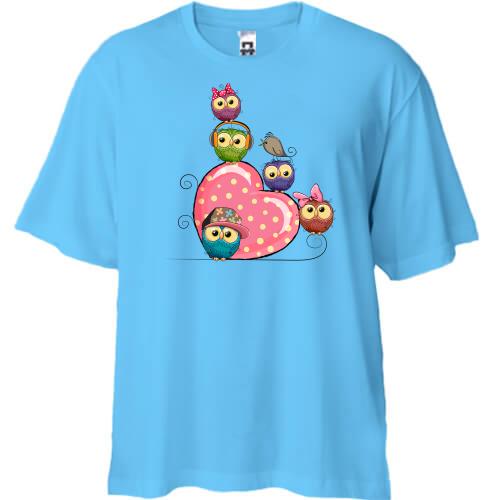 Футболка Oversize с совами и сердцем