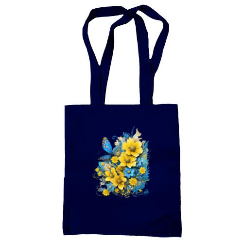 Сумка шоппер Желто-синий цветочный арт с бабочкой