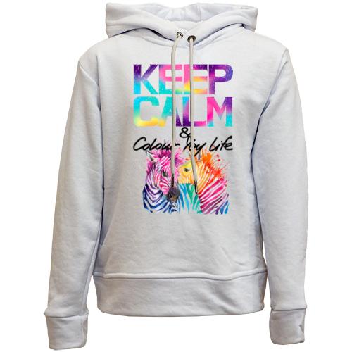 Детский худи без флиса Keep calm and colour your life с цветными зебрами (2)