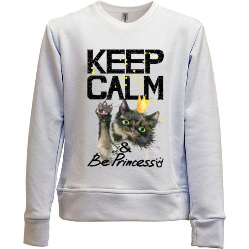 Детский свитшот без начеса с котенком Keep calm and be princess