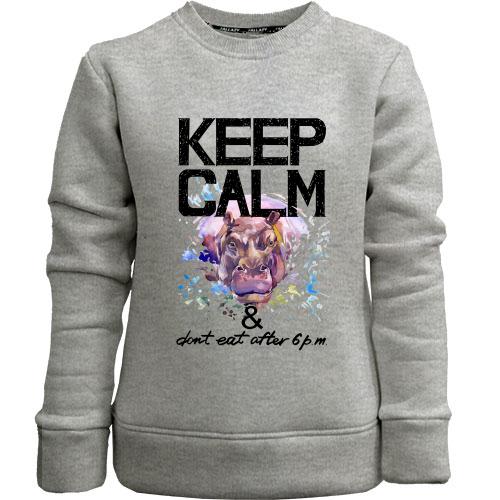 Детский свитшот без начеса с бегемотом Keep calm & dont eat after 6 pm