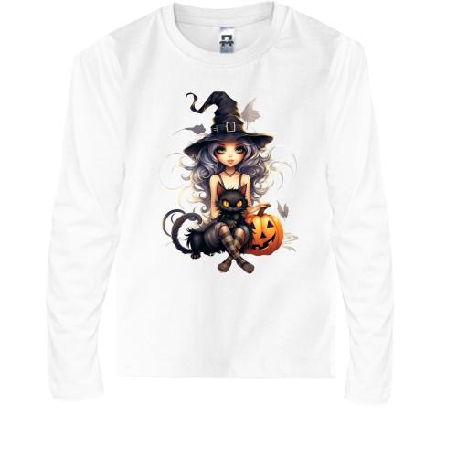 Детская футболка с длинным рукавом Halloween-Ведьма с котиком