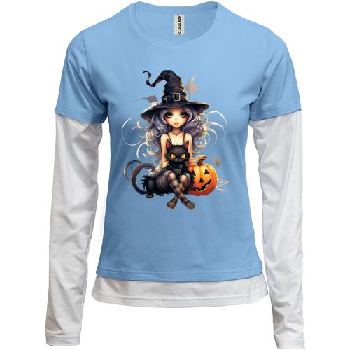 Комбинированный лонгслив Halloween-Ведьма с котиком
