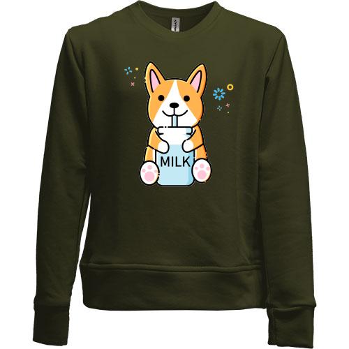 Детский свитшот без начеса Corgi drinks Milk