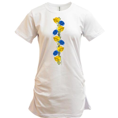 Подовжена футболка з жовто-блакитними кольорами у стилі вишиванки