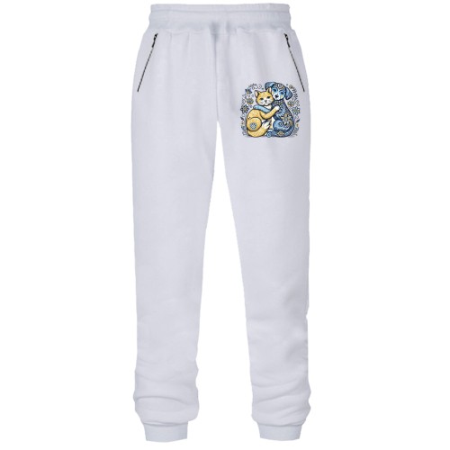 Штаны из футера без начеса с желто-синим котиком и собачкой