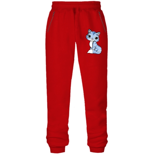 Штаны из футера без начеса с синим котенком